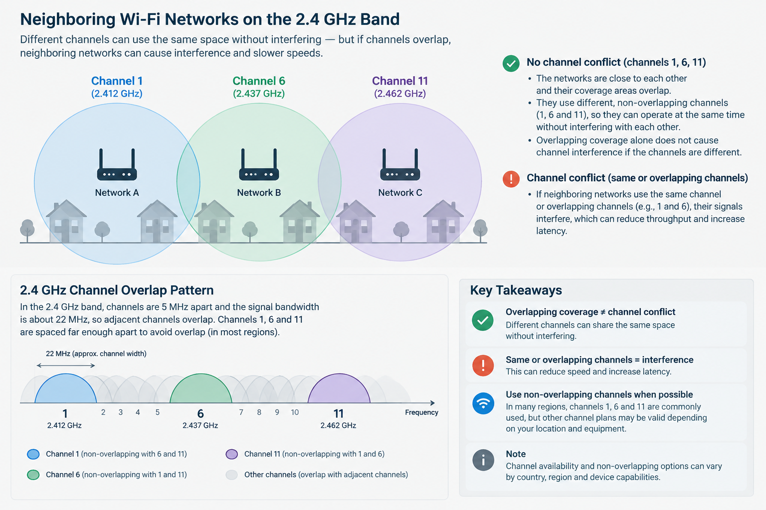 Ábra a 2,4 GHz-es Wi-Fi-csatornák átfedéséről és a szomszédos hálózatok okozta zsúfoltságról.