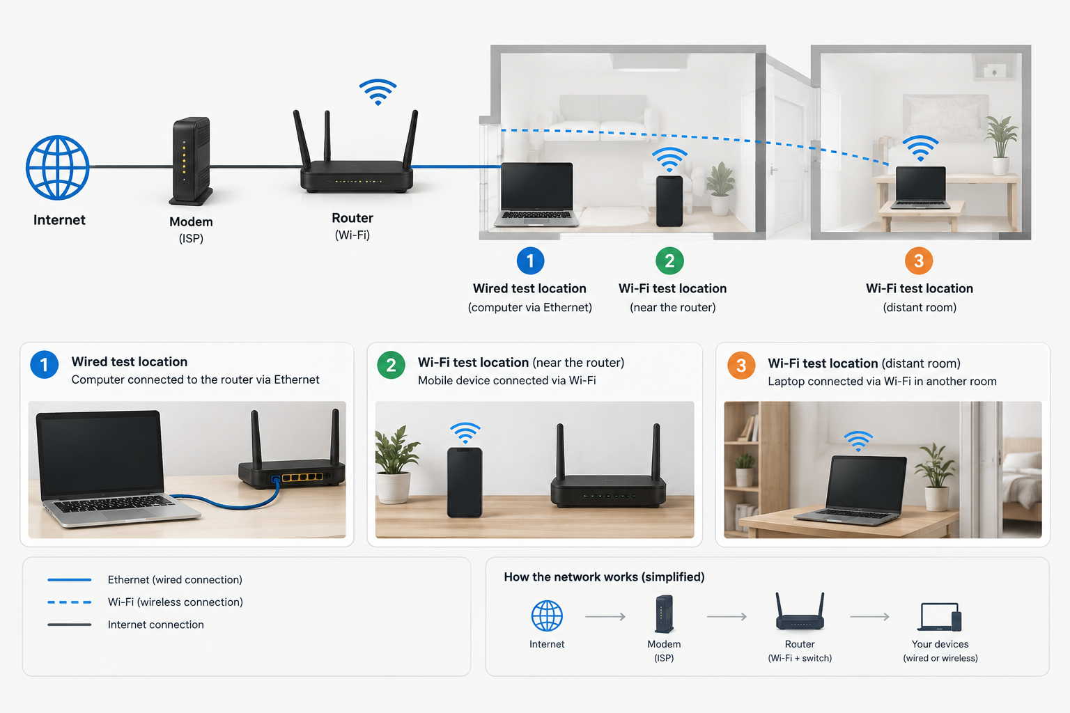 Ábra a vezetékes, a router melletti Wi-Fi-s és a távoli helyiségben végzett sebességmérés összehasonlításáról.