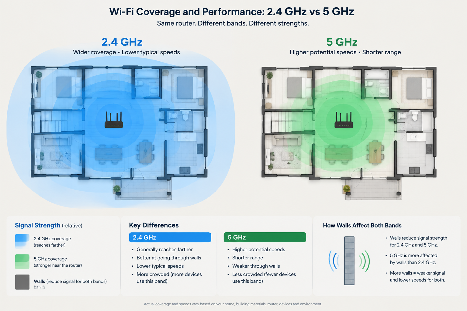 Sematikus ábra a 2,4 GHz-es és az 5 GHz-es Wi-Fi-sáv eltérő hatótávolságáról és falakon való áthaladásáról.